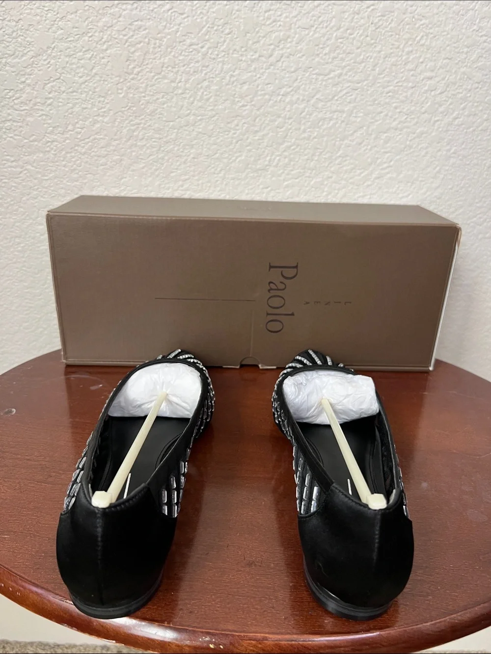 Linea Paolo Noelle Black Satin Crystal Embellished Flat Dress Shoe Size 5